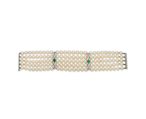 CULTURED PEARL, EMERALD AND DIAMOND BRACELETThe five rows of 6.0-7.0mm cultured pearls, with step-cut emerald and brilliant a
