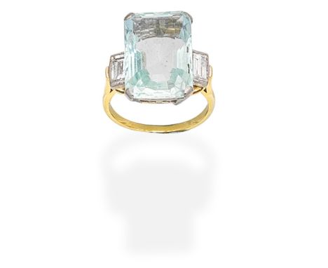 AQUAMARINE AND DIAMOND RINGThe step-cut aquamarine, between baguette-cut diamond shoulders, ring size approx. N½ For further 