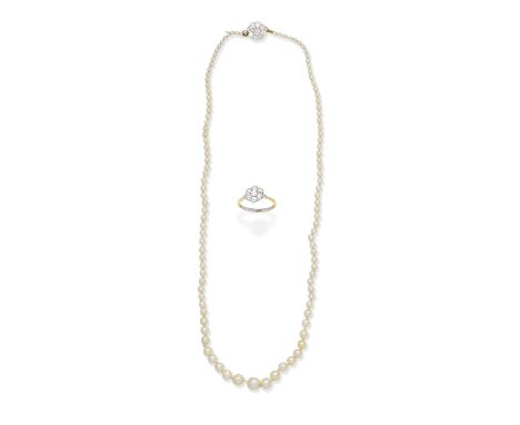 DIAMOND CLUSTER RING; PEARL NECKLACE WITH DIAMOND CLASP1st: The ring set with cushion-shaped diamonds, 2nd: The graduated 2.0