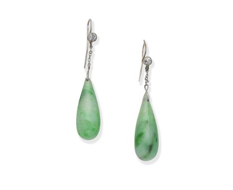 JADE AND DIAMOND PENDENT EARRINGS, EARLY 20TH CENTURYEach drop-shaped jade suspended from a cushion-cut diamond surmount, jad