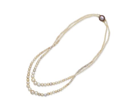 NATURAL PEARL NECKLACEThe two rows of 2.5-8.0mm natural pearls on a clasp set with a button pearl of grey tint within a circu