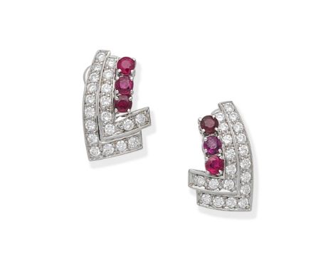 RUBY AND DIAMOND EARCLIPSEach of geometric design, set with brilliant-cut diamonds and circular-cut rubies, diamonds approx. 