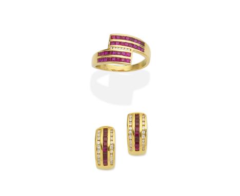 RUBY AND DIAMOND RING AND EARRINGSThe ring of crossover design set with calibré-cut rubies and brilliant-cut diamonds, the ea