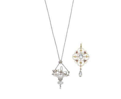 SEED PEARL AND DIAMOND NECKLACE; AQUAMARINE AND TOURMALINE-SET PENDANT, EARLY 20TH CENTURY1st: Designed as a bouquet of flowe