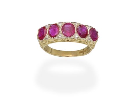 RUBY AND DIAMOND FIVE-STONE RING, 1993The oval and circular-cut rubies accented by rose-cut diamonds, the gallery of scrollwo