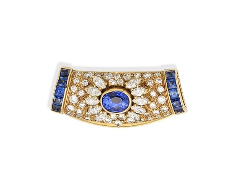 SAPPHIRE AND DIAMOND PENDANTSet with an oval-cut sapphire within a marquise and brilliant-cut diamond surround, within a bril