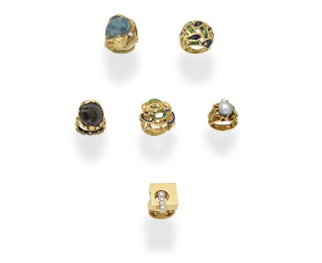 THREE ENAMEL AND GEM-SET DRESS RINGS; KUTCHINSKY: ENAMEL RING; CAVELTI: DIAMOND-SET RING; ARTHUR KING: CULTURED PEARL RING,  