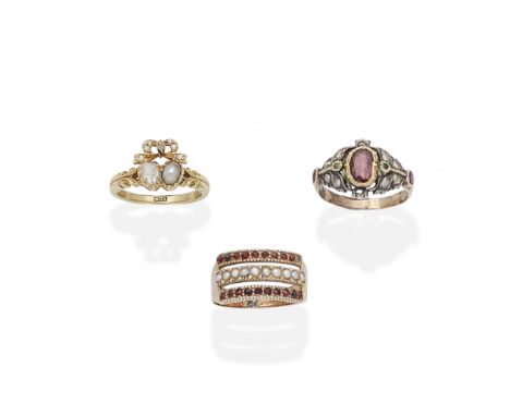 THREE GEM-SET RINGS, 19TH CENTURY1st: Of paired heart design, set with a pearl and rose-cut diamond, beneath a similarly-cut 