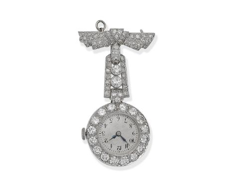DIAMOND FOB WATCH, CIRCA 1940The circular dial with Arabic numerals within a brilliant-cut diamond bezel, suspended from an o
