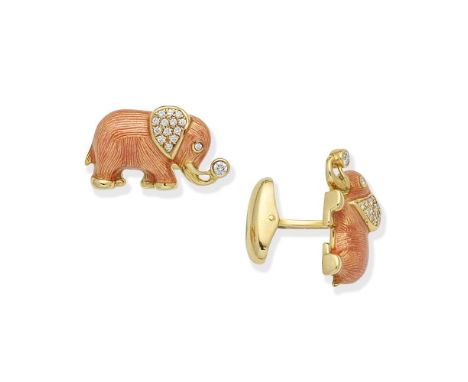 FABERGÉ: ENAMEL AND DIAMOND-SET ELEPHANT CUFFLINKSSingle-sided, each designed as a pink enamel and brilliant-cut diamond elep
