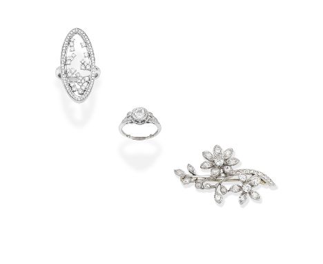 TWO DIAMOND-SET RINGS; BOUCHERON: DIAMOND FLORAL BROOCH1st: The ring set with an old brilliant-cut diamond, between single-cu