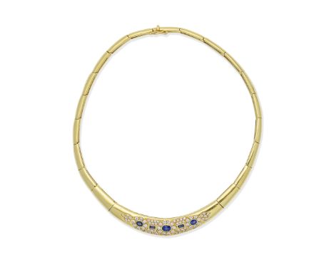 SAPPHIRE AND DIAMOND-SET NECKLACEThe collar set to the front with circular and step-cut sapphires, and brilliant-cut diamonds
