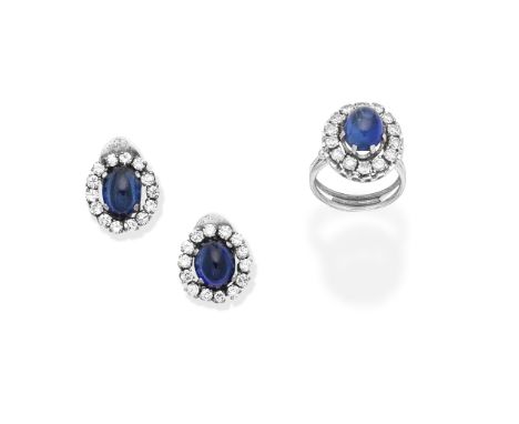 SYNTHETIC SAPPHIRE AND DIAMOND CLUSTER EARCLIPS AND RINGEach earclip set with a synthetic sapphire cabochon within a brillian