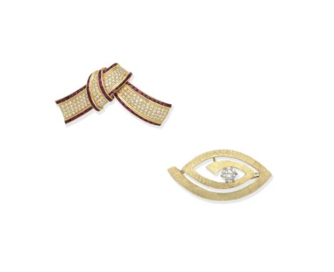 DIAMOND-SET BROOCH/PENDANT; RUBY AND DIAMOND RIBBON BROOCH/PENDANT1st: Designed as a spiral in the shape of an eye, the centr