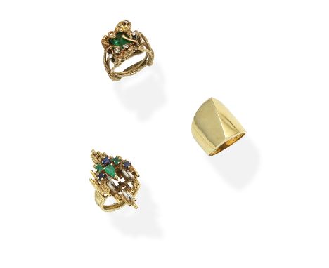 EMERALD SAPPHIRE AND DIAMOND-SET RING; ABSTRACT RING; ARTHUR KING: GREEN TOURMALINE AND DIAMOND RING, CIRCA 19701st: Designed