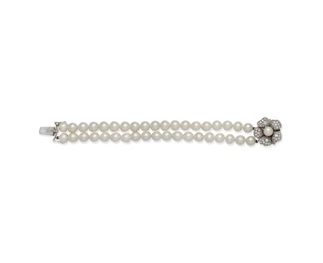 CULTURED PEARL AND DIAMOND BRACELETThe two rows of 8.0mm cultured pearls on a clasp of flowerhead design, set with brilliant-