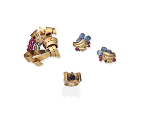 MULTI GEM-SET BROOCH, RING AND EARCLIPS, CIRCA 19401st: The brooch of scrolling design, set with ruby cabochons and rose-cut 
