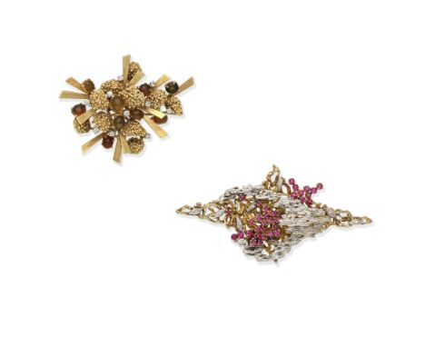 FIRE OPAL AND DIAMOND-SET BROOCH; RUBY AND DIAMOND-SET BROOCH, CIRCA 19701st: The abstract spray brooch with beaded and engin