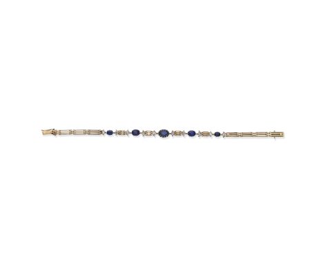 SAPPHIRE AND DIAMOND BRACELETSet with oval-cut sapphires, and cushion and rose-cut diamonds, on knifewire linking, length 18.