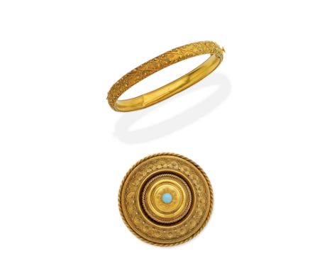 TURQUOISE-SET BROOCH; BANGLE, LATE 19TH CENTURY1st: The brooch with ropetwist and cannetille decoration, set with a turquoise