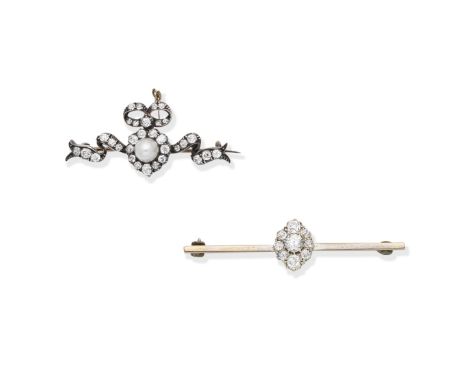 CULTURED PEARL AND DIAMOND BROOCH; DIAMOND-SET BAR BROOCH1st: Designed as a bow, set with a cultured pearl and cushion-shaped