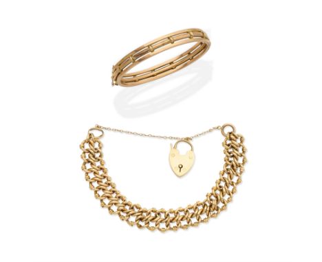 TWO BRACELETS1st: Of fancy-linking, secured with a heart-shaped padlock, mounted in 15 carat gold, 1907, 2nd: A trifurcated b