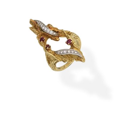 CHAUMET: RUBY AND DIAMOND RING, 1971Of abstract design, the 18 carat gold openwork textured mount, set with circular-cut rubi