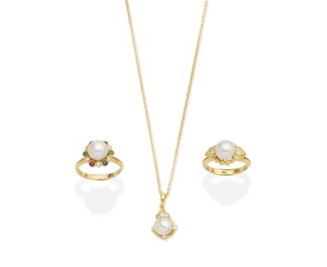 TWO CULTURED PEARL RINGS; CULTURED PEARL PENDANT/NECKLACE1st: The 8.0mm cultured pearl within a sapphire, ruby, emerald and d