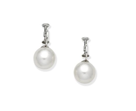 CARTIER: CULTURED PEARL EARCLIPSEach set with a 13.5mm cultured pearl, signed Cartier, maker's mark, French assay marks, numb