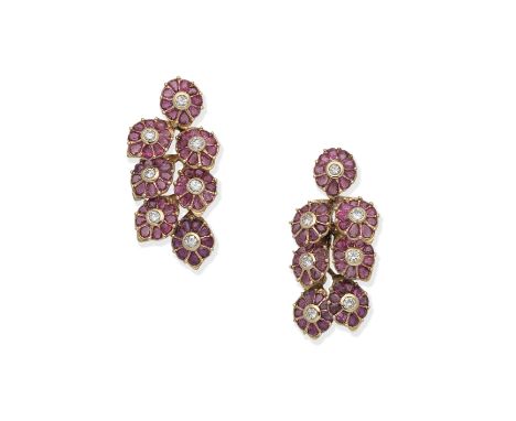 RUBY AND DIAMOND PENDENT EARRINGSEach composed of floral clusters set with brilliant-cut diamonds and pear-shaped rubies,  le