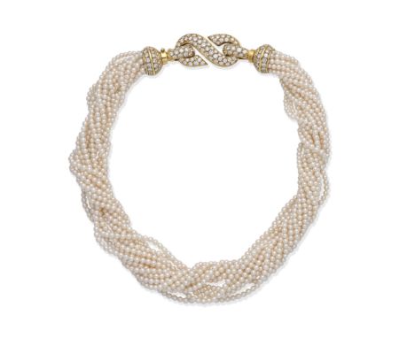 CULTURED PEARL NECKLACE WITH DIAMOND-SET CLASPThe fourteen rows of 2.5mm cultured pearls, on a brilliant-cut diamond-set clas