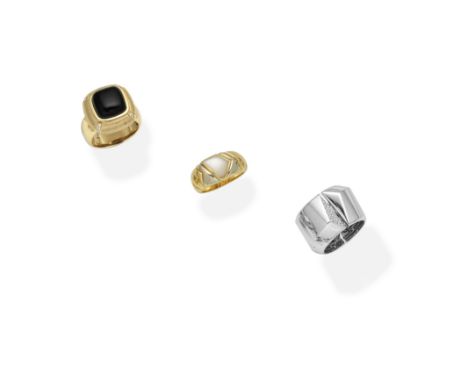 BULGARI: MOTHER-OF-PEARL RING, 1993; PREZIOSISMI: DIAMOND-SET DRESS RING; ONYX AND DIAMOND RING1st: Of 18 carat gold bicolour