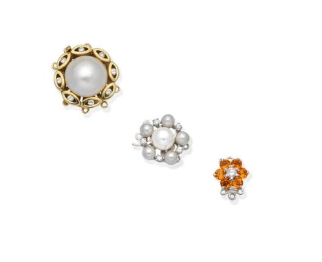 THREE CULTURED PEARL, DIAMOND AND CITRINE-SET CLASPS1st: Set with a mabé pearl within a brilliant-cut diamond surround, mount