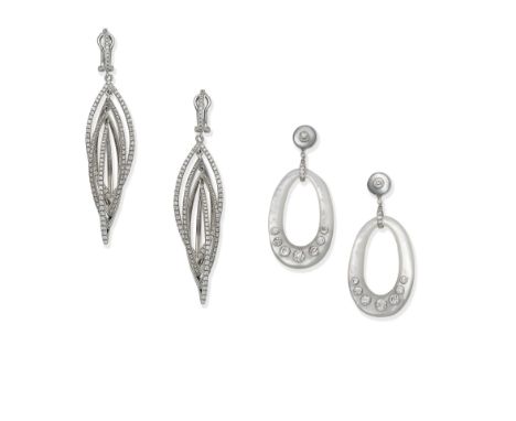 DIAMOND-SET PENDENT EARRINGS; DIAMOND AND MOTHER-OF-PEARL PENDENT EARRINGS1st: A series of interconnecting open navette-shape