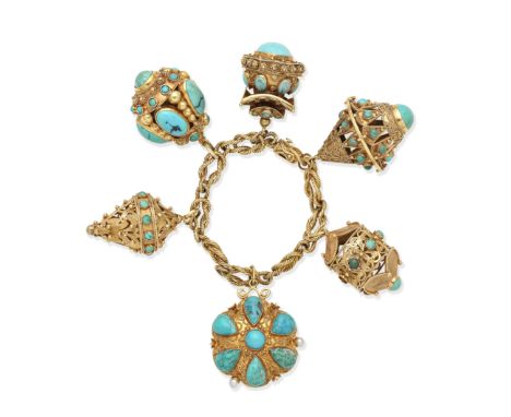 TURQUOISE AND CULTURED PEARL CHARM BRACELETThe Hercules knot-link bracelet suspending six turquoise cabochon-set charms, one 