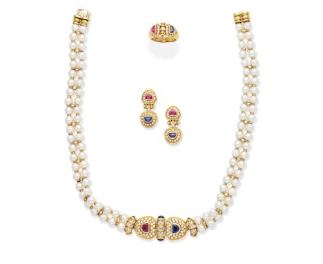 DIAMOND, SAPPHIRE, RUBY AND CULTURED PEARL NECKLACE, EARRINGS AND RING SUITEThe necklace set to the front with brilliant and 