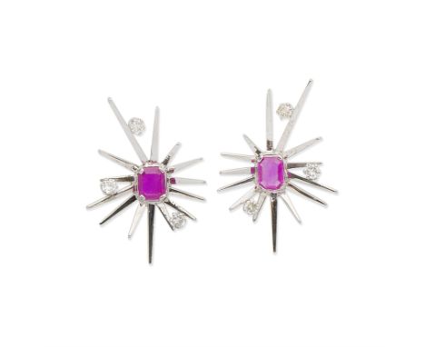 PINK SAPPHIRE AND DIAMOND EARRINGSEach designed as a radiating spray set with a step-cut pink sapphire and brilliant-cut diam