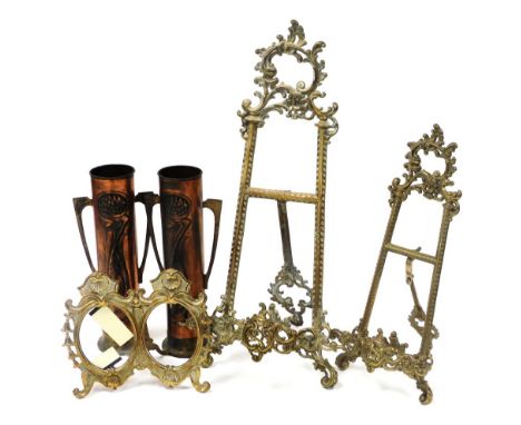 A pair of Beldray early 20thC Art Nouveau copper twin handled vases, embossed with stylised fruit and leaves, 31cm high, toge