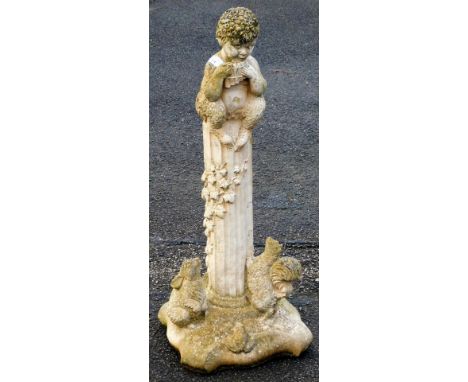 A composition garden statue, of a fawn playing a musical instrument, on a pedestal surrounded by woodland animals, 83cm high.