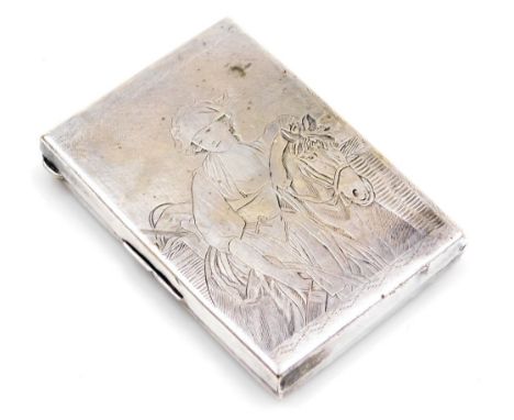 A late 19thC Continental calling card case, white metal, the lid engraved with a woman and horse, manner of Le Brun, the base