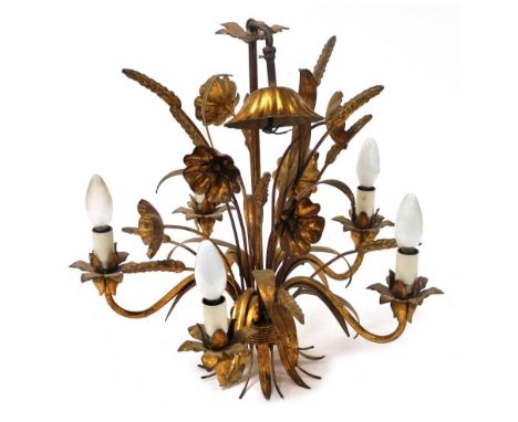 An early 20thC gilt metal five branch chandelier, decorated with flowers, leaves and corn, 64cm high.