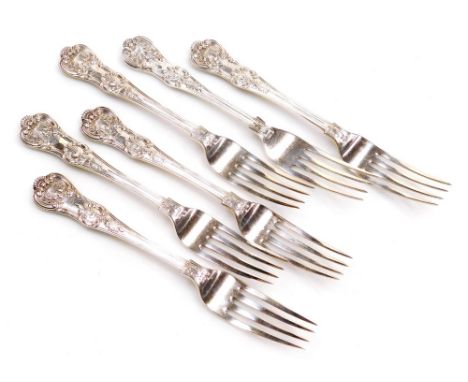 A set of five Victorian silver King's pattern dessert forks, crest and motto engraved, maker's initial GM, London 1892, and a