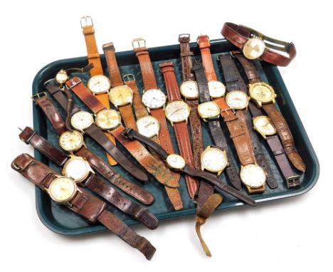 A group of gentleman's and lady's gold plated cased wristwatches, on brown leather straps, including, Smiths, Rone, Timex, Mu