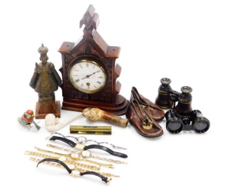 Assorted collectables, including two pairs of opera glasses, a pair of vintage child's shoes, a Meerschaum walking stick hand
