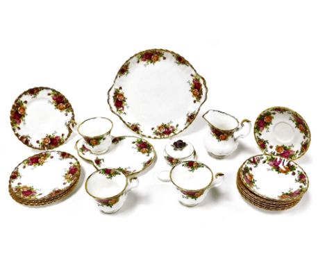 A Royal Albert Old Country Roses porcelain part tea service, some seconds, comprising bread plate, cream jug, two tea cups, e