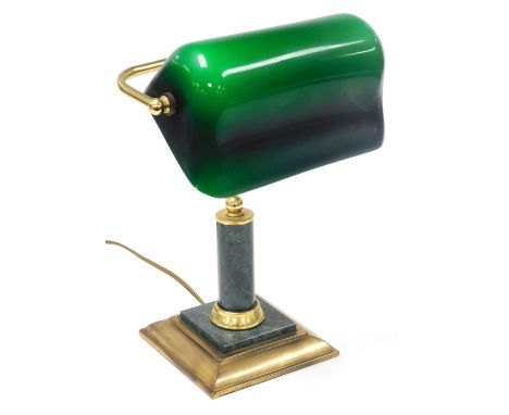 A brass and green marble desk lamp, with a green glass shade, 35cm high.