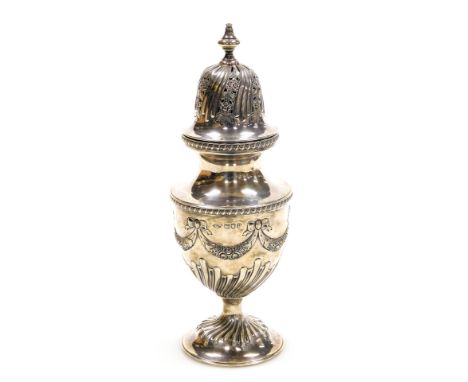 A George V silver sugar sifter, of semi fluted baluster form, embossed with flowers and swags, Johnson, Walker &amp; Tolhurst