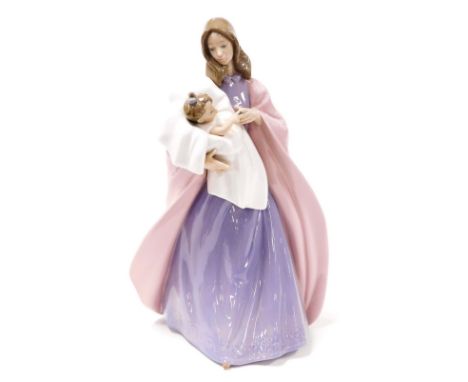 A Nao porcelain figure of a lady with a child, modelled standing, number 1300, printed and impressed marks, 33cm high.