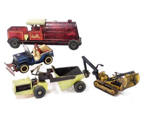 Tonka toys,  comprising a digger, jeep, locomotive, and a tractor and trailer, play worn. (4)