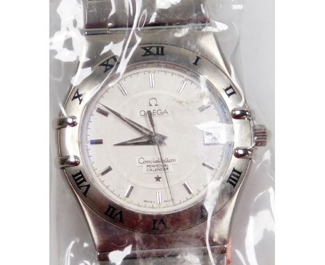 An Omega gentleman's Constellation Perpetual Calendar stainless steel cased wristwatch, engine turned white circular dial wit